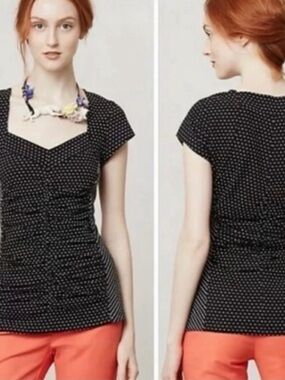 Anthropologie Postmark Classic Polka Dot Cap-Sleeve Top - Black